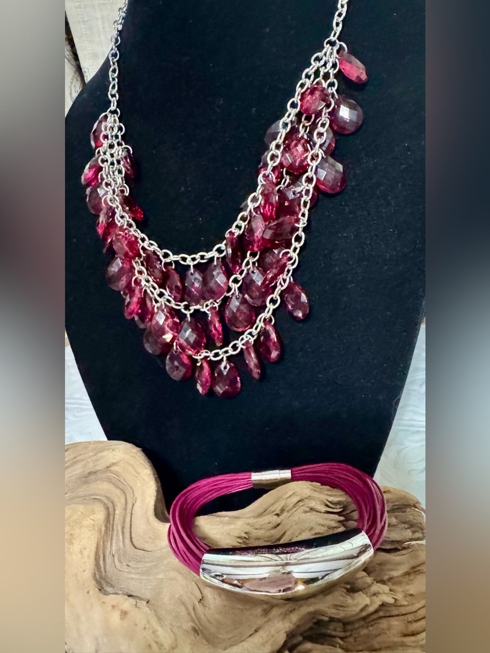 Burgundy Faceted Teardrop Bib Necklace & Coord Multi-Strand Magnetic Bracelet